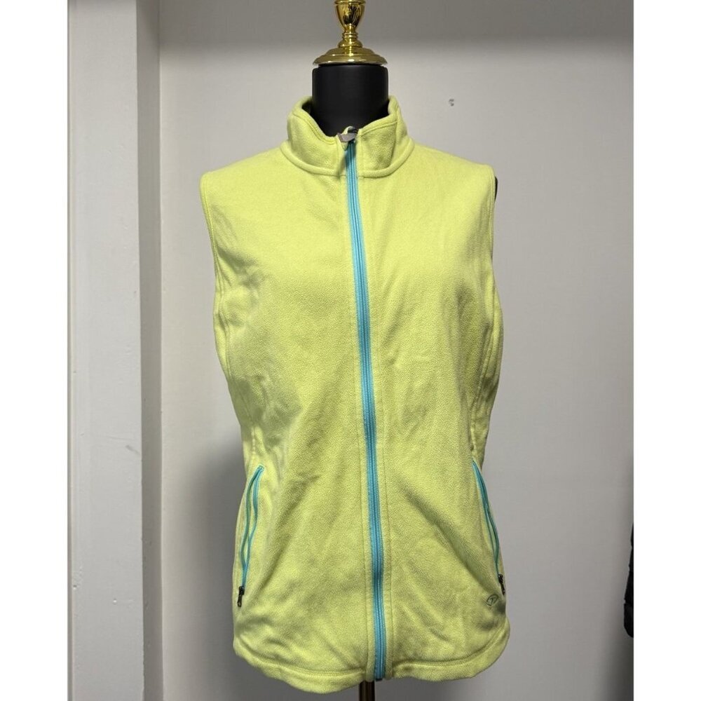 T by Talbots Fleece Vest Women’s Size 1X Neon Green Full Zip Mock Neck Pockets